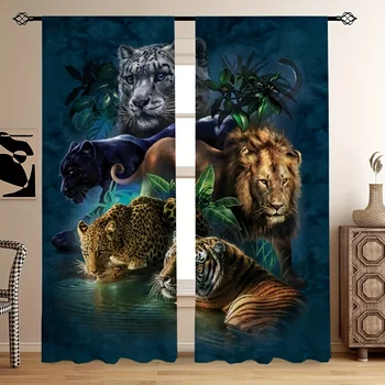 2 бр., эстетичная завеса с принтом лъв, тигър и леопард за спалня, офис, кухня, хол и кабинет, карманное прозорец, домашен декор