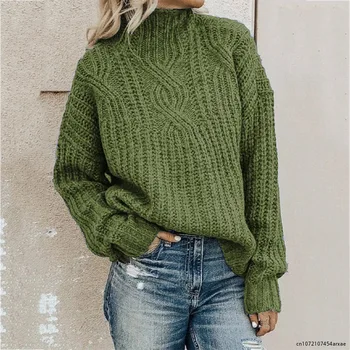2023, модерен женски вязаный топ с високо воротом, пуловер, поло, обикновена зимни топли пуловери crochet