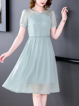 2023 Ново дамско лятото ежедневна рокля от коприна тутового цвят, midi, винтажное корейското модно шифоновое рокля с дантелен шевове, мини-синьо дебнещ рокля