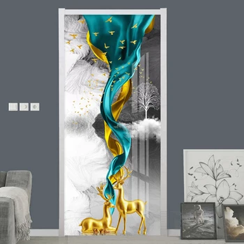 3D Тапети Модерен абстрактен тъмен пейзаж, стикера на вратата със златен лосем, хол, спалня, начало декор, творчески вратата плакат, стикер от PVC