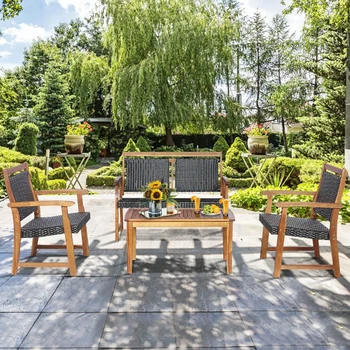4 Предмета, градинска мебел от ратан за тераса, разтегателен, издръжлив рамка от естествено дърво акация, ергономична облегалка, набор градински мебели