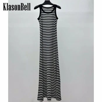 7,2 KlasonBell Модно ленено вязаное дълга рокля в контрастен цвят в ивицата женски