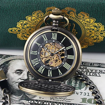 BOLYTE Луксозни механични часовници джобни от хралупата виртуален скелет в ретро стил, мъжки ключодържател, верижка от стомана, рафинирани, светещи дамски мъжки часовници джобни Gif