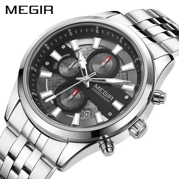 MEGIR Модерен мъжки часовник със сив циферблат, най-добрата марка за луксозни водоустойчив кварцов часовник с хронограф от неръждаема стомана, мъжки Relogio Masculino