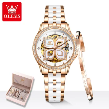 OLEVS Луксозни керамични часовници, женски гривна, водоустойчив автоматични механични часовници, бижута набор от дамски часовници, подарък за най-добрата марка