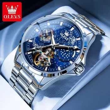 OLEVS Мъжки часовник Tourbillon Оригинални автоматични механични часовници за мъже, водоустойчиви Moon Phase Модната марка луксозни ръчни часовници