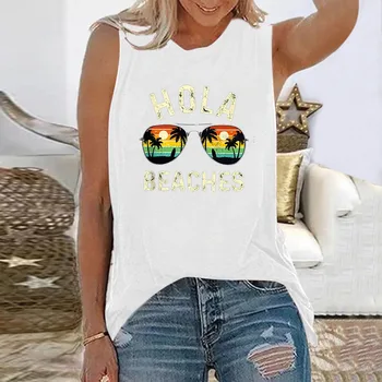 Seeyoushy HOLA BEACHS, Всекидневни женски топ за отдих, Лятна Дамска тениска без ръкав, с кръгло деколте, забавен принт Y2K, Естетична градинска облекло