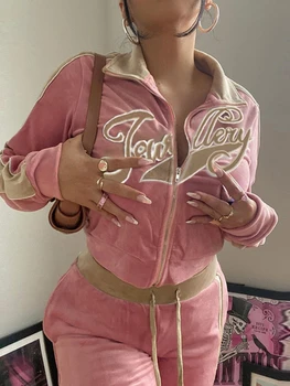Sisterlinda спортен костюм с надпис Velvet Y2K Върхове, hoody + прави панталони, еднакви костюми от две части, дамски ежедневни костюми за отдих