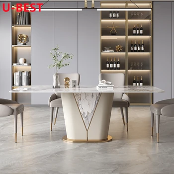 U-най-ДОБРИЯТ италиански лампа, Луксозен, ярък маса за хранене е от каменни плочи, комбинация от стола, Модерна Просто домашен каменна правоъгълна маса