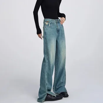 WCFCX STUDIO Реколта дамски дънки градинска облекло Y2k дънки със син цепка, корейската мода, провиснал эстетичные панталони с висока талия