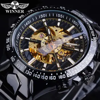 Winner автоматични часовници с бриллиантовым скелетните циферблат, черни, златни, светещи, водоустойчив, бизнес механични ръчни часовници е от неръждаема стомана