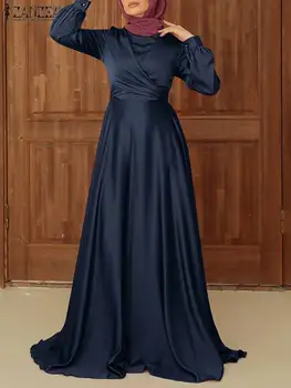ZANZEA Femme Празничен елегантен свободен дълъг сарафан, женски мюсюлмански атласное макси рокля с дълъг ръкав и кръгло деколте, монофонични роба, с дължина до щиколоток