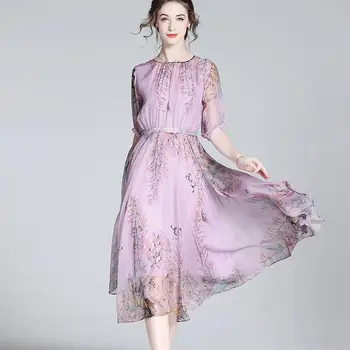 ZUOMAN Свободно ежедневна рокля от коприна тутового цвят размер плюс 4XL, пролетно-лятно винтажное розова рокля с цветен модел, елегантни дамски панталони рокли