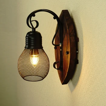 Американски монтиран на стената лампа в стил loft, нощна лампа за ресторант, спалня, кафенета, проход, коридор, Декоративни стенни дървена лампа