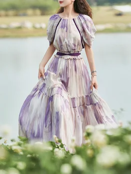 Безплатна доставка 2022 Нова мода Дълго макси Лятото шифоновое рокля с къс ръкав и голяма подолом Boshow Женствена рокля с волани и еластичен колан