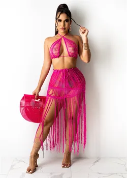 Бистра трикотажная пола с пискюли, плажно облекло, комплект от 2 теми, женски възли на една кука бански костюми, секси прозрачни бикини, сутиен и долна наметало бикини