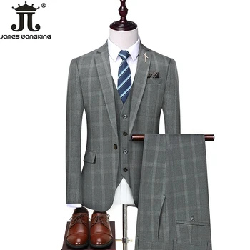 (Блейзър + Жилетка + Панталони) Модерен Бутиков Мъжки Класически Карирани Всекидневни Бизнес костюм от Висок клас, Официален костюм, 3 броя, Комплект, Сватбата Булката