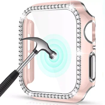 Блестящото Стъкло + калъф за Apple Watch Case 45 мм 41 мм 40 мм 44 мм 42 мм 38 мм Diamond броня + Защитно фолио за екрана iwatch series 7 3 8 5 6 SE