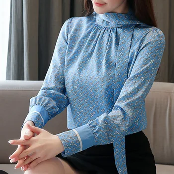 Блуза дамски 2022, дамски дрехи с лък, шифоновая блуза с дълги ръкави, блузи с принтом сини цветове, дамски блузи, блузи, ризи, дрехи