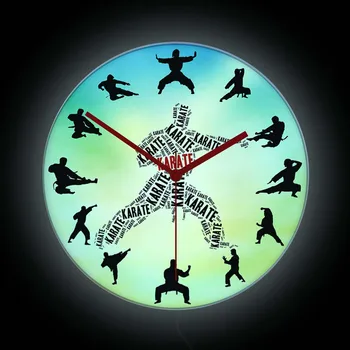 Боец карате led неонова реклама лека нощ Стенни часовници за човек Пещера Спалня Японски бойни изкуства Начало декор Led лампа светещ Часовник