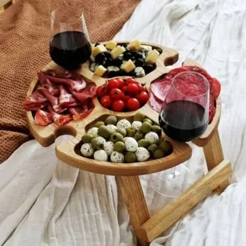Външни маси, сгъваема дървена маса за пикник-с държач за чаши, кръгла маса, стойка за чаши, сгъваем плот за парти в градината