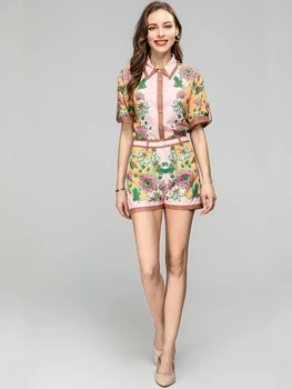 Годишен женски комплект от 2 теми, градинска Ежедневни риза с флорална принтом + шорти, подходящи за почивка, елегантен костюм принцеса