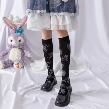 Горещи нови чорапи с рози в ретро стил, чорапи до коляното за cosplay в стил Лолита, чорапи JK Flowers, тъмно-черни копринени чорапи