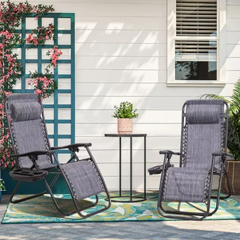 Гравитационното кресло, туристически откидывающиеся столове за отдих, улично стол за отдих във вътрешния двор, който е с регулируема възглавница, 2 пакета (двойна сиво)