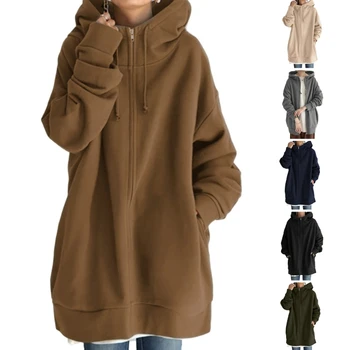 Дамска есенно-зимна топла hoody с дълъг ръкав, однотонная hoody с качулка