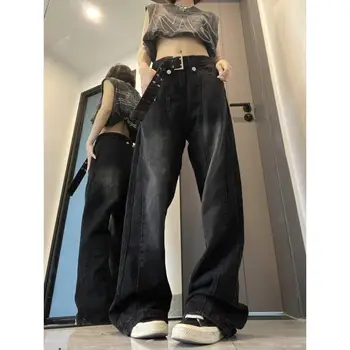 Дамски градинска дрехи с винтажной бродерия Y2K, черни, широки дънки-карго, прави широки панталони с висока талия, дънкови дънки Гръндж Alt