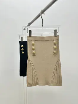 Дамски мини-пола, елегантен, однотонная, вязаная, двубортная, копчета, Jupe Vintage