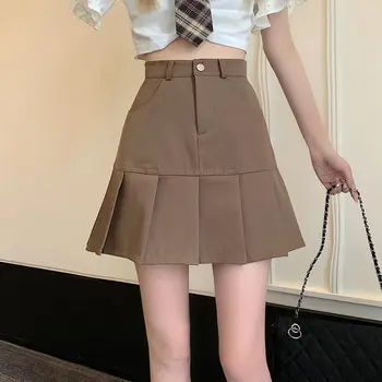 Дамски панталон в стил преппи, плиссированная мини-пола с висока талия, обикновена ежедневни ученически летни поли трапецовидна форма за жени, корейската мода