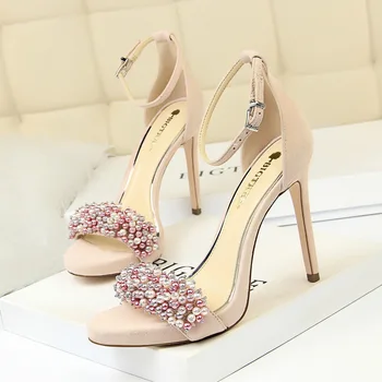 Дамски сандали Mordern, лято 2023, велур с перли, цветя обтегач, водоустойчив обувки на висок ток с копита, пикантен ток, луксозна марка обувки за жени