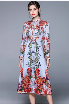 Дамско пролетно-есенни елегантна рокля-риза с цветен модел, качество на дълго винтажное вечерна рокля, дамско дизайнерско рокля трапецовидна форма