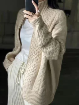 Дебели женски пуловер с висока воротом с цип, жилетка, мързелив свободно кратко кашемировое вязаное палто