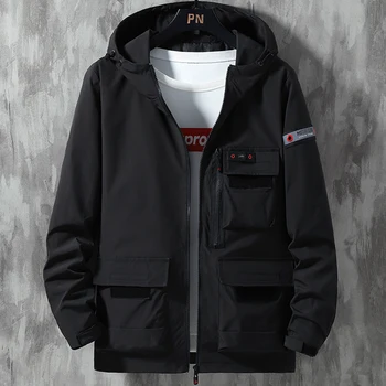Демисезонная яке-ветровка с качулка, мъжки, червен, черен, Каки, връхни дрехи с множество джобове, палто с цип, мъжки ежедневни якета големи размери 9XL