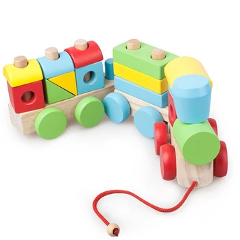 Детски класически дървени строителни блокове на Влака САМ Творчески тухли на Едро начална образование Детски играчки Блок Коледен подарък