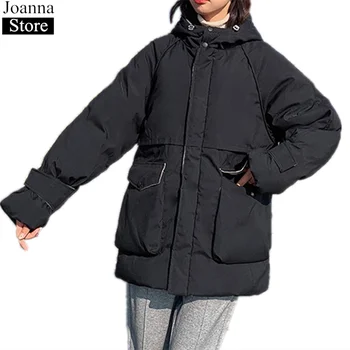 Дългата бяла сако, дамско зимно палто, по-големи размери, свободни палто, градинска ежедневни дамски дрехи, корейски стил, връхни дрехи с големи джобове