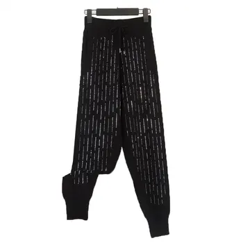 Европейската тежка промишленост горещо пробиване, ежедневни панталони с висока талия, женски свободни есенно-зимни универсални черни плетени дамски панталони 2022