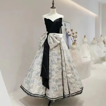 Елегантни отгоре рокли за абитуриентски бал с лък и панделка, жакард рокли в стил сладка принцеса Хепбърн, сатенени рокли за сватбени тостове, вечерни рокли 2023