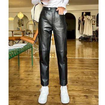 Есенните Модни Дизайнерски Дамски Панталон-молив От Висококачествена Естествена кожа с висока засаждане От овча кожа, Девятые Панталони C991
