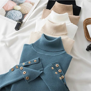 Есенно-зимния пуловер, Джърси, дамски пуловер с висока воротом, модерен топ с дълги ръкави и копчета, женски възли обикновена тънки пуловери