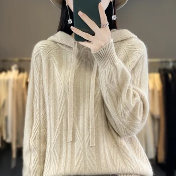 Жена 100% вълна, вълнен пуловер с качулка, всекидневни вязаный висококачествен есенно-зимния женски пуловер от чиста вълна, пуловер, новост
