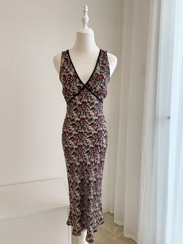 Жена лятно коприна на роклята midi без ръкави с V-образно деколте и цветисти принтом в ретро стил 2023 година