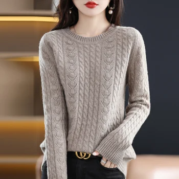 Жена пуловер с кръгло деколте от 100% чиста вълна, вълнен пуловер, есен-зима, кухи монофонични вязаный топ с дълъг ръкав