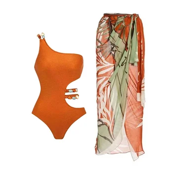 Женски бански в ретро стил, оранжево обикновен бански костюми, празнична плажно облекло с флорални принтом, дизайнерски бански костюми, летни дрехи за сърфиране