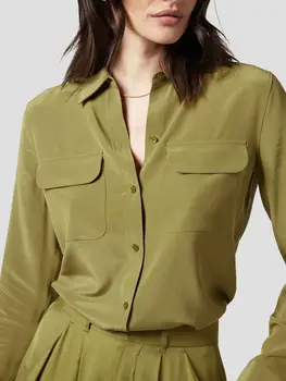 Женски ризи от 100% естествена коприна с дълги ръкави и джобове, дамски блуза с двойно деколте, нова офис облекло, блузи, дама