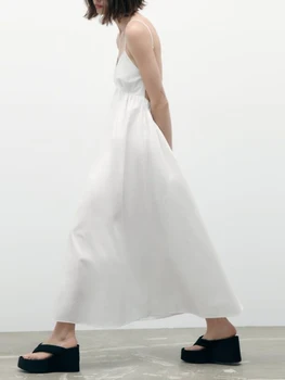 Женствена рокля midi на спагети презрамки с V-образно деколте, без ръкави, с отворен гръб, обикновена, трапециевидные, струящиеся, елегантни дълги рокли (бял L)