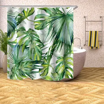 Зелени листа, прости модерните комплекти завеса за душ с куки, палмови листа, тропически растения, аксесоари за баня, миещи се