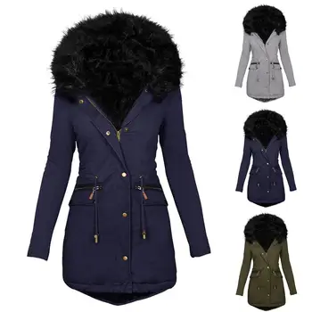Зимно топло палто, парк, зимни връхни дрехи 2022, дамски ежедневни якета, палта с цип, женски качулка от изкуствена кожа с дълъг ръкав средна дължина